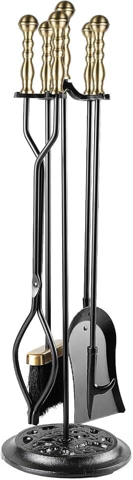 5 Pieces Fireplace Tools Sets Wrought Iron Firewood Kit with Handle Durable Tool Set and Holder for Fire Pit Stand Indoor Tong Shovel Poker Brush Firewood Accessories (Brass)