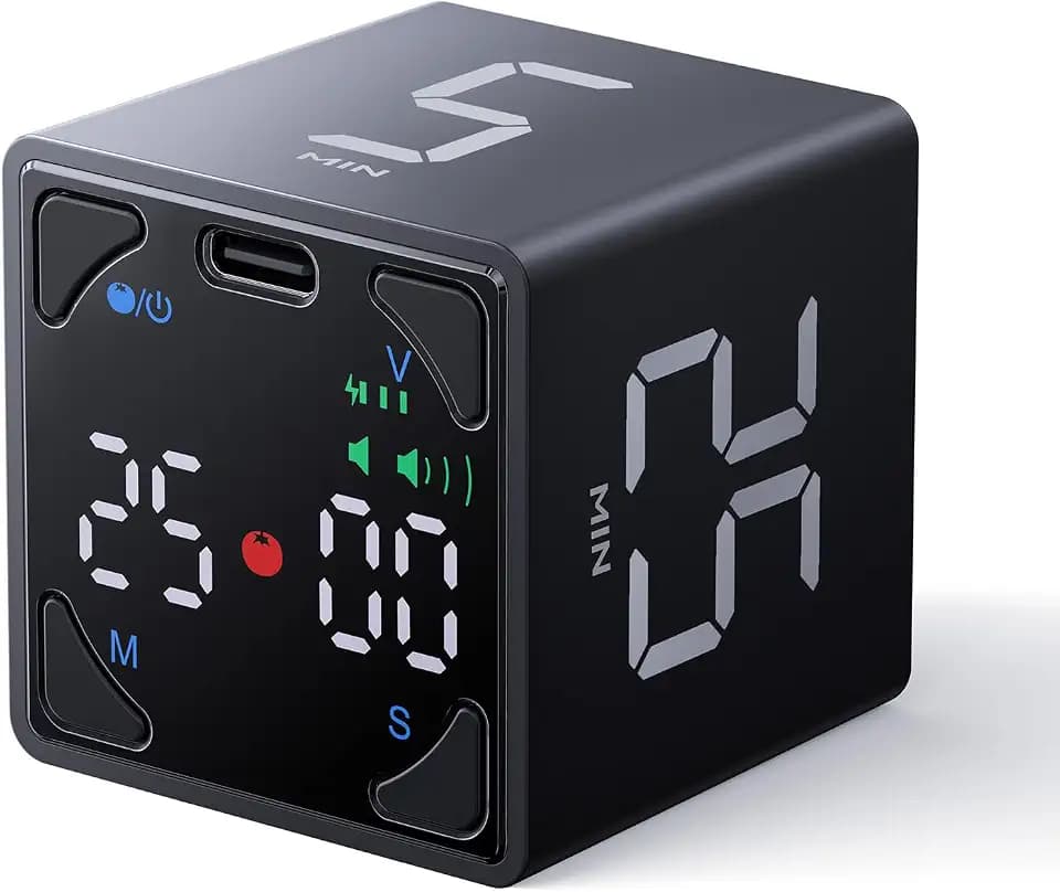 Ticktime Pomodoro Timer Cube, with 25/5 Auto Cycles, 3/5/10/15/25/45/60 Min Presets, Custom Timer, Stopwatch, Magnetic, Rechargeable, Silent, Vibrate & Sound, for Task, ADHD, Study, Black