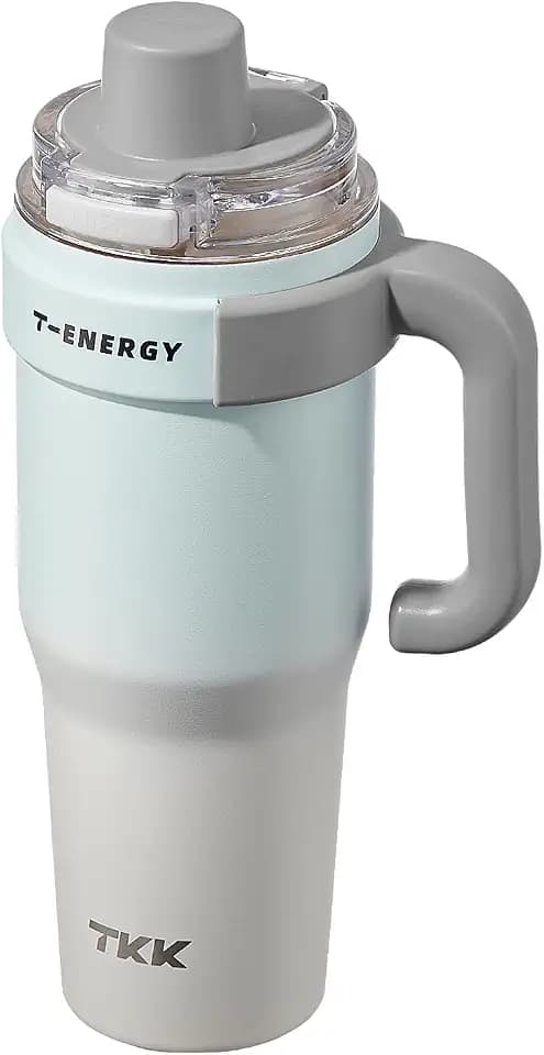 TKK 40 oz Insulated Tumblers with Handle and Straw, Stainless Steel Travel Mug with Ceramic Coating, Leak Proof Double Walled Iced Coffee Cup with Strainer for Hot & Cold Drinks, BlueWhite