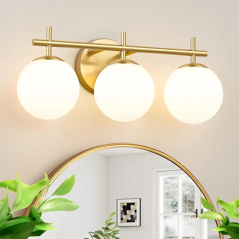 3-Light Bathroom Light Fixtures, Brushed Gold Vanity Lights for Bathroom with Milky White Glass Globe Shade, 19.3 inch Bathroom Lighting Fixtures Over Mirror, Wall Sconce for Bedroom(Bulb Not Included