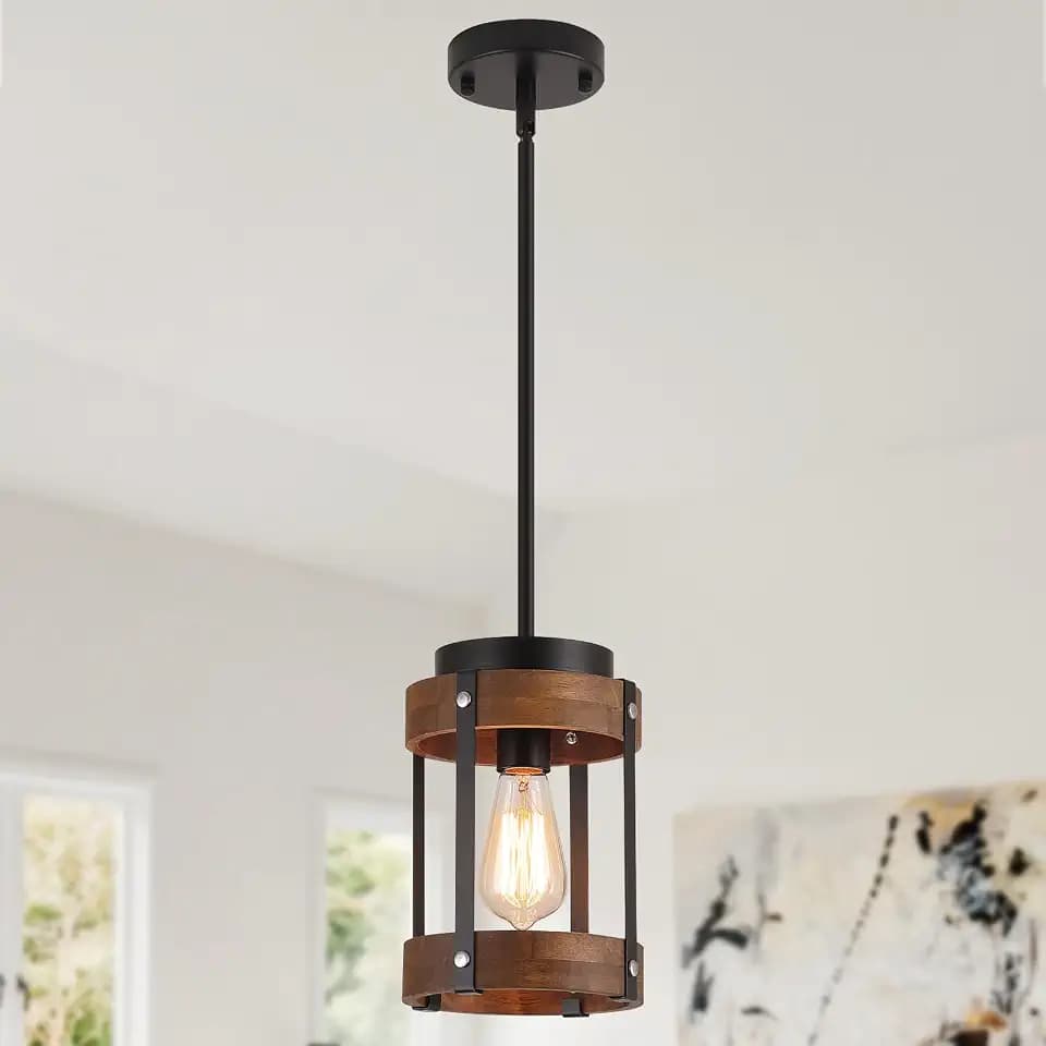 Rustic Farmhouse Wood Pendant Light Fixture One-Light Adjustable Rods Oak Wood and Metal Lantern Drum Small Pendant Lighting for Kitchen Island Sink Hallway Bathroom Bar Farmhouse, Black