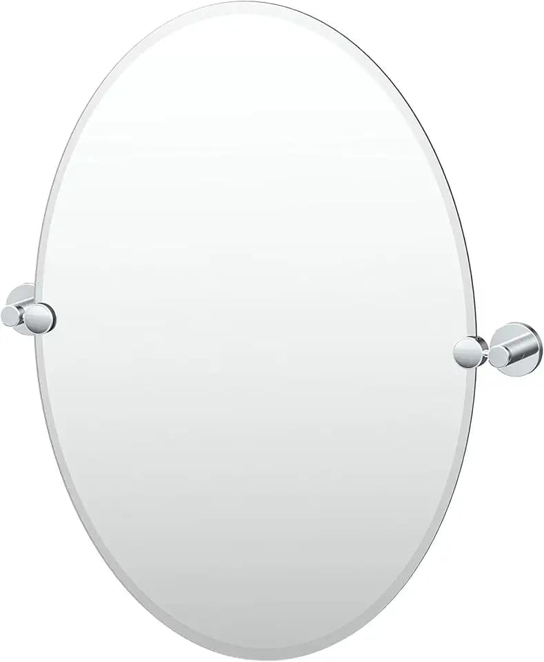 Gatco 4669 Reveal 26.5" H Frameless Oval Mirror, Chrome/Wall Mounted 26.50" H x 23.38" W Pivoting Frameless Oval Mirror/Beveled Tilting Oval Bathroom Vanity Mirror with Chrome Brackets