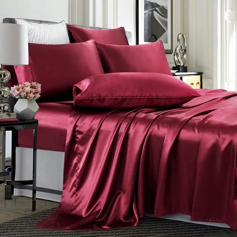 TREELY 6 Piece Set Burgundy Satin Sheets Queen Size