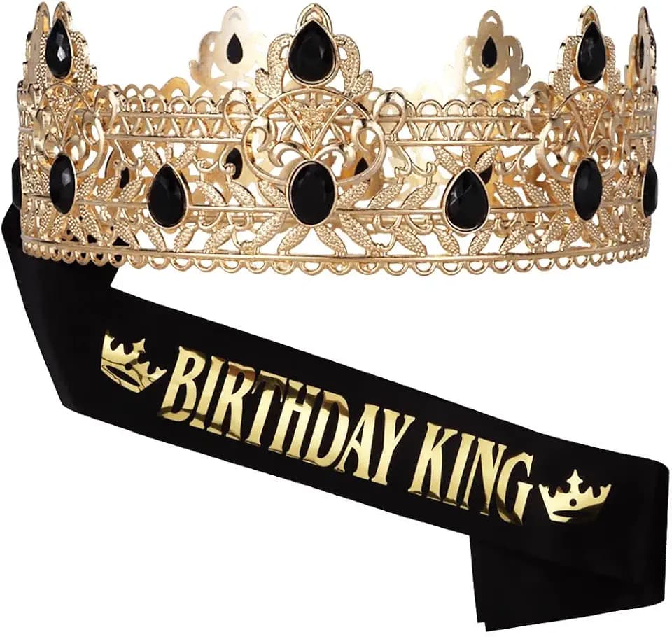 Noonhorse Birthday King Sash Crown & Tiara for Men Birthday Party Decorations Accessories Set for Boy Prince, Black and Gold 2PCS