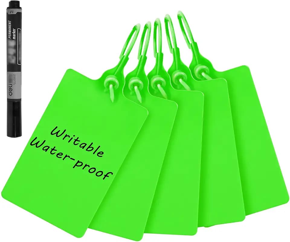 100 Plastic Label Tags Water Proof Tags for Labeling Shipping Tags Security Tamper Seals Hanging Tags Writable Marker Ties Luggage Tags Storage Tag with One Marker Pen (Green), 9.8*2.56in