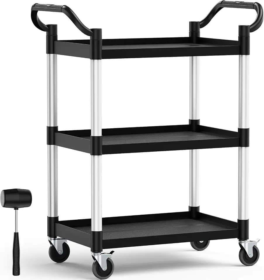 Plastic Utility Carts with Wheels, 3-Tier Rolling Cart with 4 Lockable Wheels, Heavy Duty 600 LBS Capacity Food Service Cart (Does Not Contain Recycled Plastic),16.8" D x 31.5" W x 37.8" H