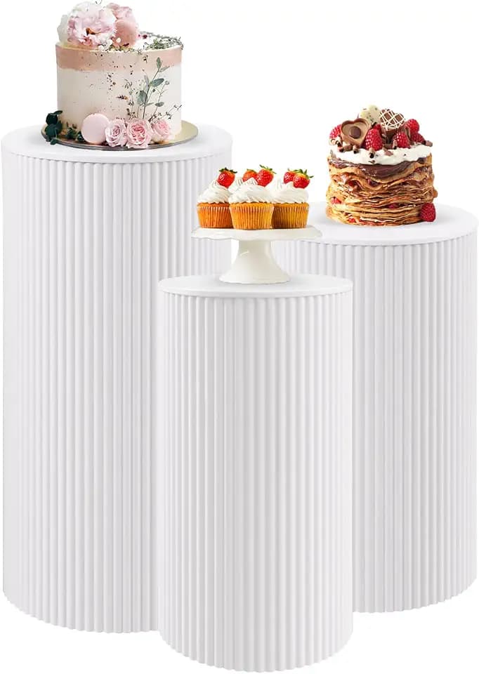 Metal Pleated Cylinder Pedestal Stands for Party, 3 Pieces Heavy Duty Round Cake Pedestal Stand Display Plinth Pillars Art Decor for Wedding Ceremony Birthday Party(Medium, White)