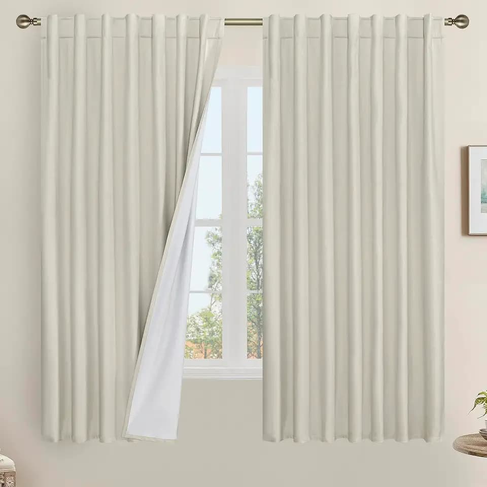 LAMIT 63 Inch 100% Blackout Linen Curtains for Bedroom with White Liner