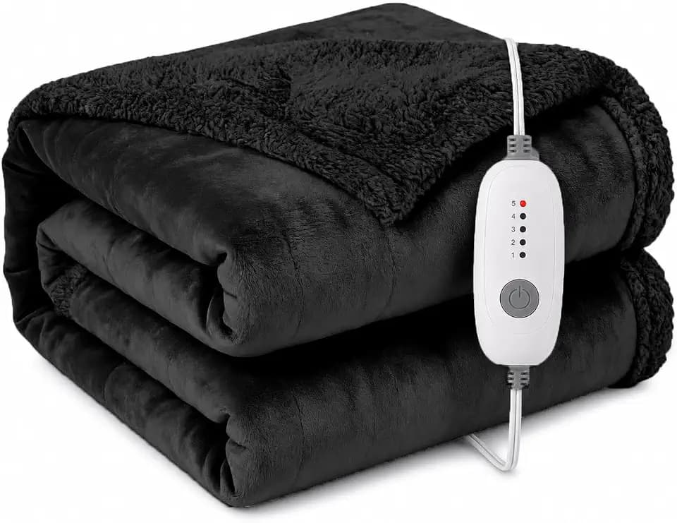 Electric Heated Blanket, Black, Twin 62"x84", Flannel and Sherpa