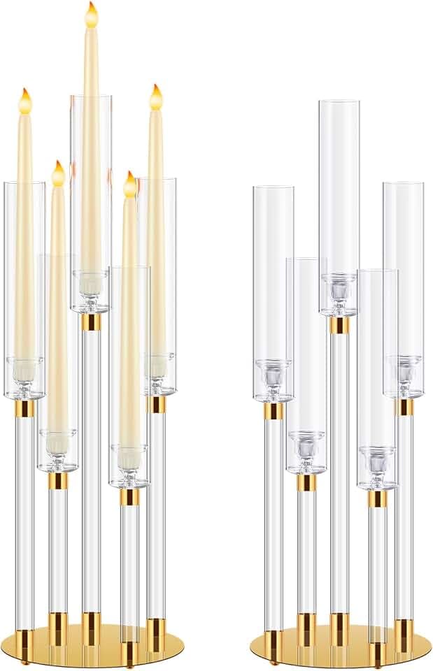 Barydat 2 Sets 5 Arm Clear Acrylic Candelabra Centerpieces for Table, 27 in