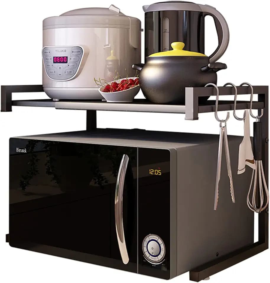 PUSDON Adjustable Carbon Steel Microwave Oven Rack, 2-Tier with 3 Hooks, 55lbs Weight Capacity, Black