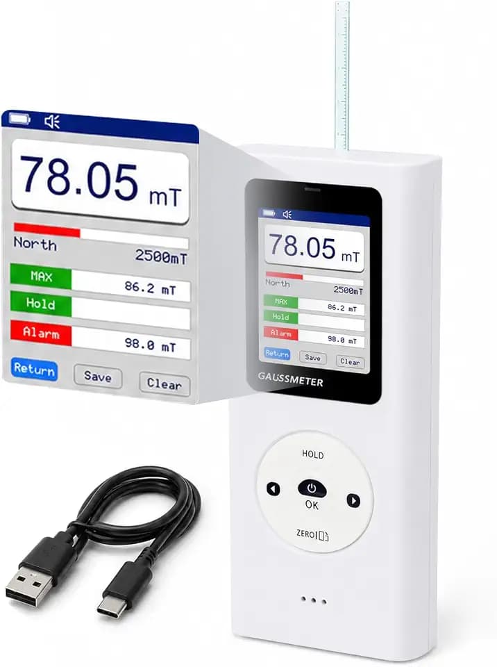 Digital Gauss Meter, Tesla Meter with 0-25000 Gs (0-2500 mT) Range, HD Color Display, Rechargeable, N/S Pole Detection, Data Storage, Handheld Magnetic Field Tester for Magnets Motors & Industrial Use