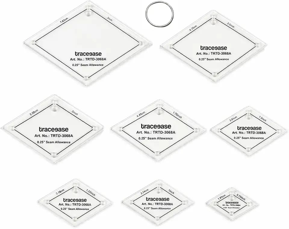 Traceease Diamond Quilting Templates Set, 8cs Clear 4mm Thick Acrylic Quilt Templates with 1/4 Inch Seam Allowance for Allowance for EPP, Quilt Blocks & Precision Fabric Cutting, Patchwork