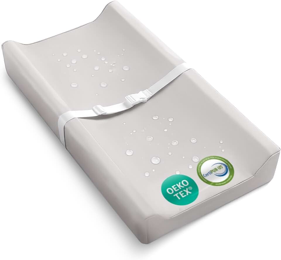 Waterproof Vegan Leather Contoured Baby Changing Pad | Wipe-Clean PU Leather Diaper Change Mat, Soft, Wipeable Removable & Washable Cover, Non-Slip Bottom, Standard Infant Diaper Table & Dresser Grey