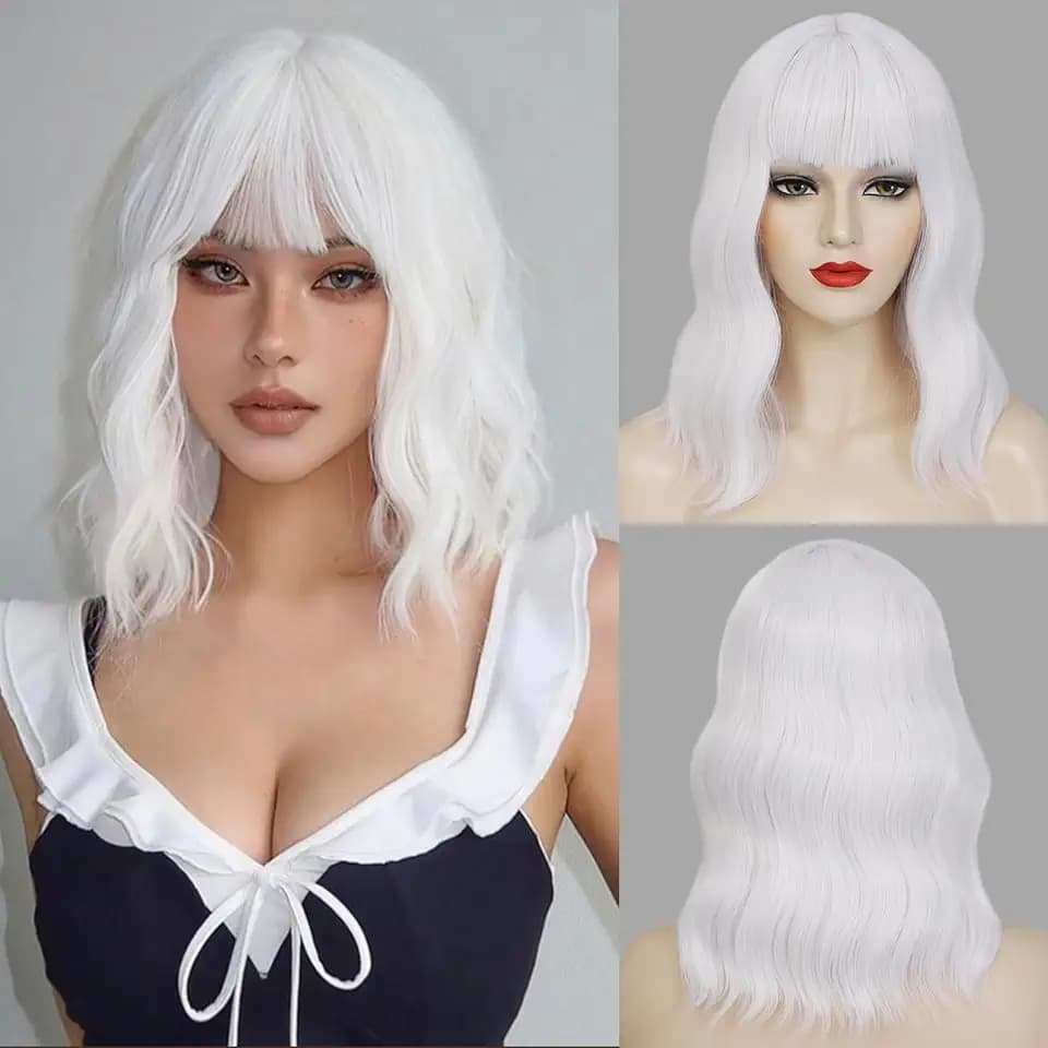 Beelu White Wig with Bangs 14 Inch Short Wavy Synthetic Bob Wigs for Women