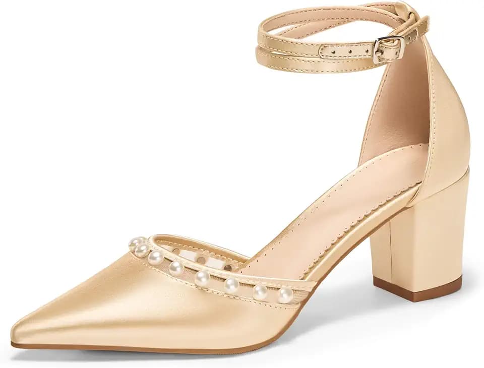 Coutgo Womens Pearl Chunky Heels Wedding Shoes for Bride Closed Pointed Toe Ankle Strap Satin Pumps