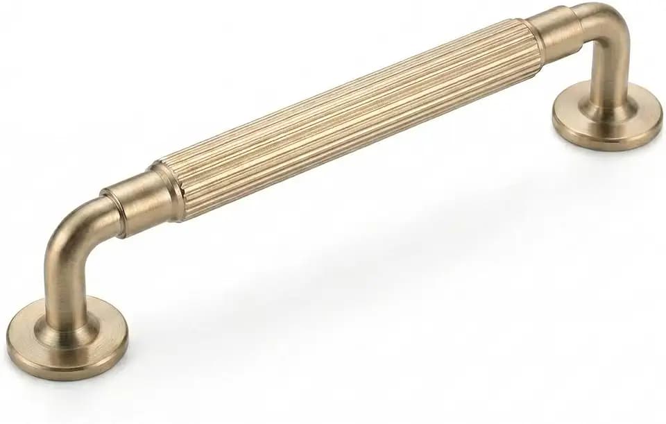 Goo-Ki Champagne Bronze Reeded Cabinet Pulls – 6 Pack 5 Inch Modern Textured Drawer Handles with Fluted Grip & Round Rosette Base, Industrial Luxury Matte Gold Hardware for Kitchen & Wardrobe