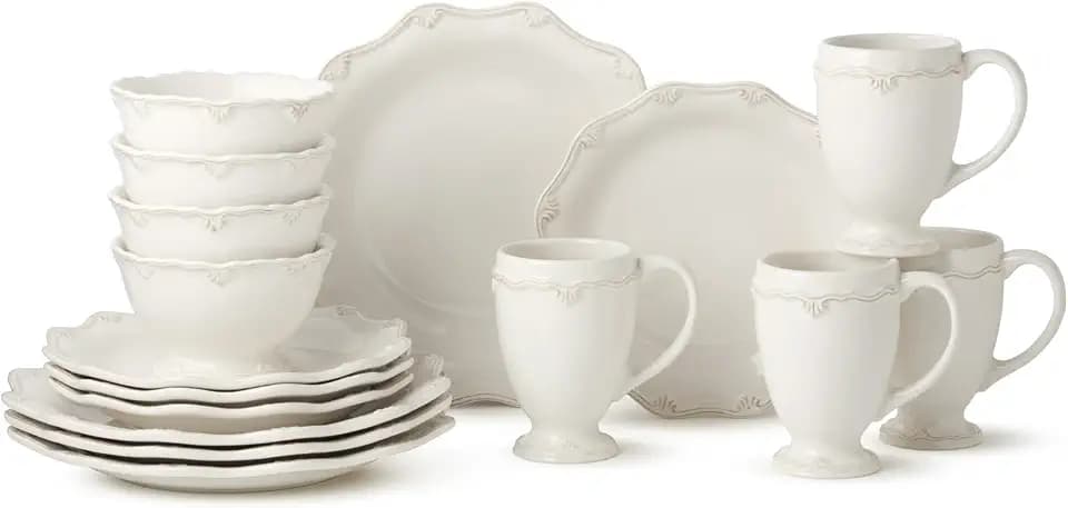 Heritage Scroll 16-Piece Stoneware Dinnerware Set, Service for 4 – Creamy Ivory Plates, Mugs & Bowls with Elegant Scroll Embossing – Microwave & Dishwasher Safe for Everyday Dining