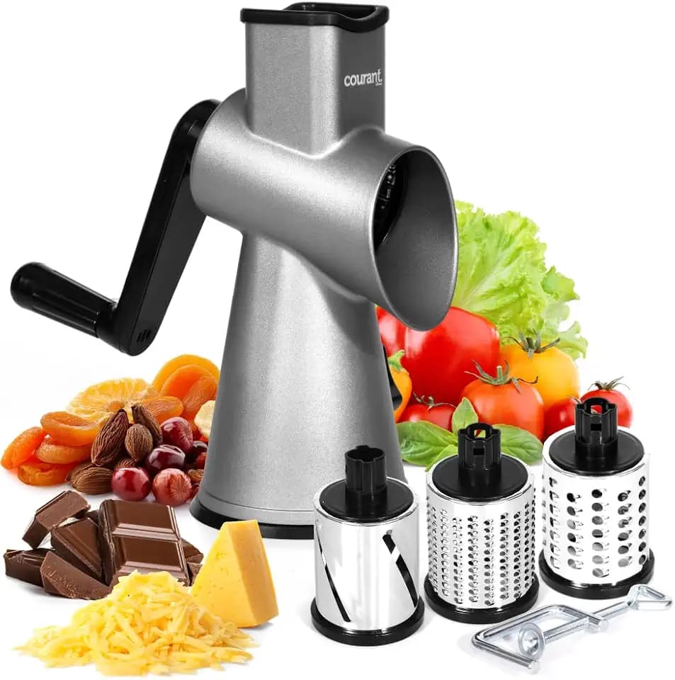 Courant cheese grater hand crank manual, cheese shredder, High Grade steel housing-Vegetable Slicer salad shooter & vegetable shredder Rotary Grater Slicer for, Nuts, with 3 Interchangeable Blades