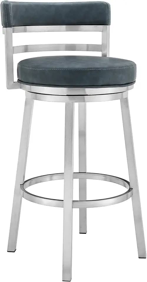 Armen Living Madrid 26" Seat Height Swivel Modern Blue Faux Leather and Brushed Stainless Steel Bar Stool for Kitchen Island Counter