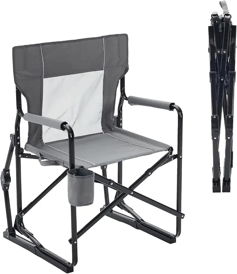 Folding Rocking Chair for Adults - Outdoor Camping and Lawn Chair with Breathable Mesh, Detachable Waterproof Armrests and Cup Holder – Portable Travel Seat, Grey