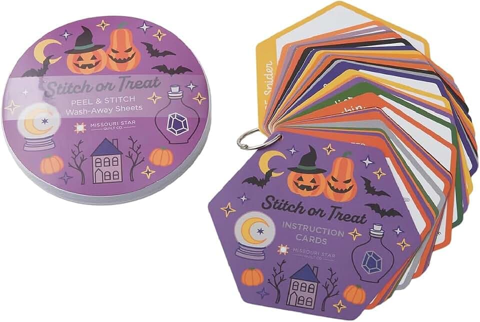 Missouri Star Stitch-or-Treat Peel & Stitch Design Pack – 25 Preprinted 5" Wash-Away Embroidery Sheets with Instructions – Halloween Embroidery Patterns for Quilts, Crafts & DIY Décor