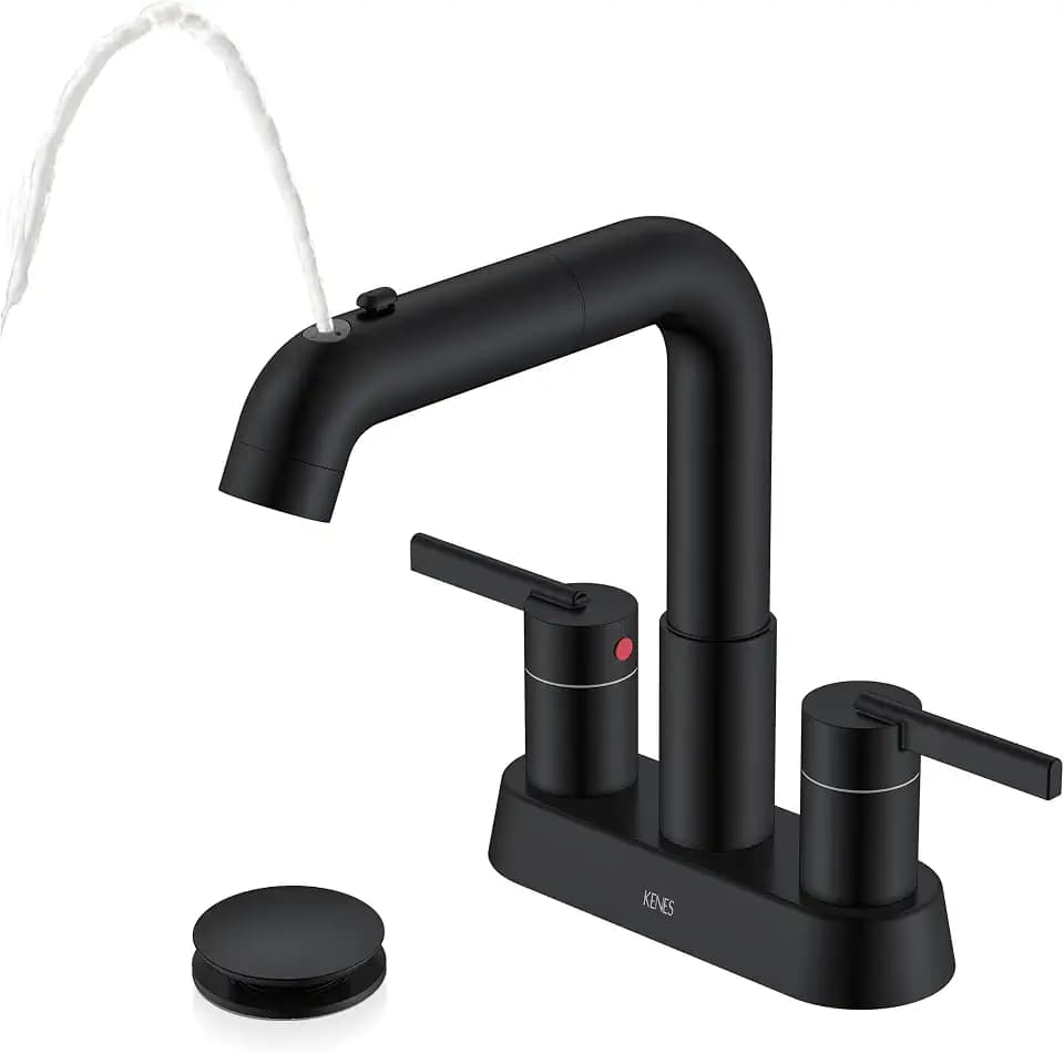 KENES Matte Black Pull Out Centerset Bathroom Faucet 2 Handle 3 Hole 4 Inch