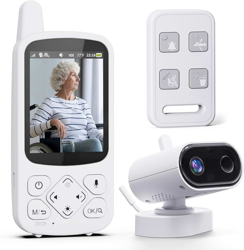 Room Monitors for Elderly Monitor with Camera And Audio, 2-Way Talk Baby Monitors for Elderly, Med Reminder and Temp Sensor Senior Monitor for Adult, No Wifi/App Caregivers Cameras for Senior