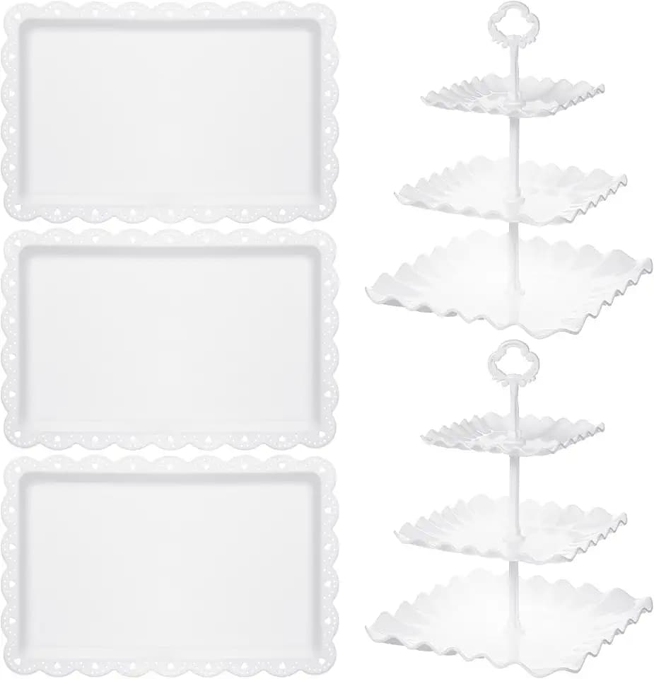 5 Pcs Dessert Table Display Set, Cupcake Stand, 5-Piece White Plastic Party Tray Set with 3-Tier Display, Dessert Tree Tower for Birthday Cady Bar Décor Weddings, Parties Events