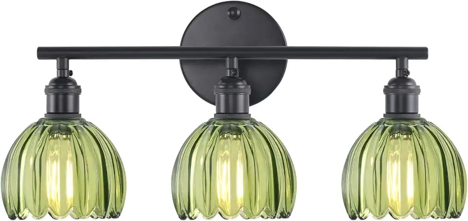 Shenmoyl Bathroom Light Fixtures, 3-Light Black Vanity wall Light Over Mirror with Green Tulip Glass Shade for Bedroom Living Room (Bulb Not Included)