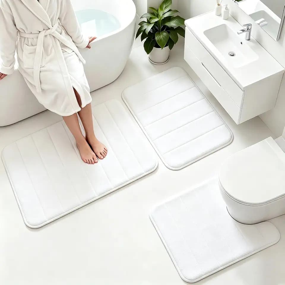 Memory Foam Bath Mat Set 3 Piece,Super Soft Absorbent Bathroom Rug Non Slip, Quick Dry,Machine Wash, Perfect Plush Bathroom Rugs,Home Decor Accessories,White