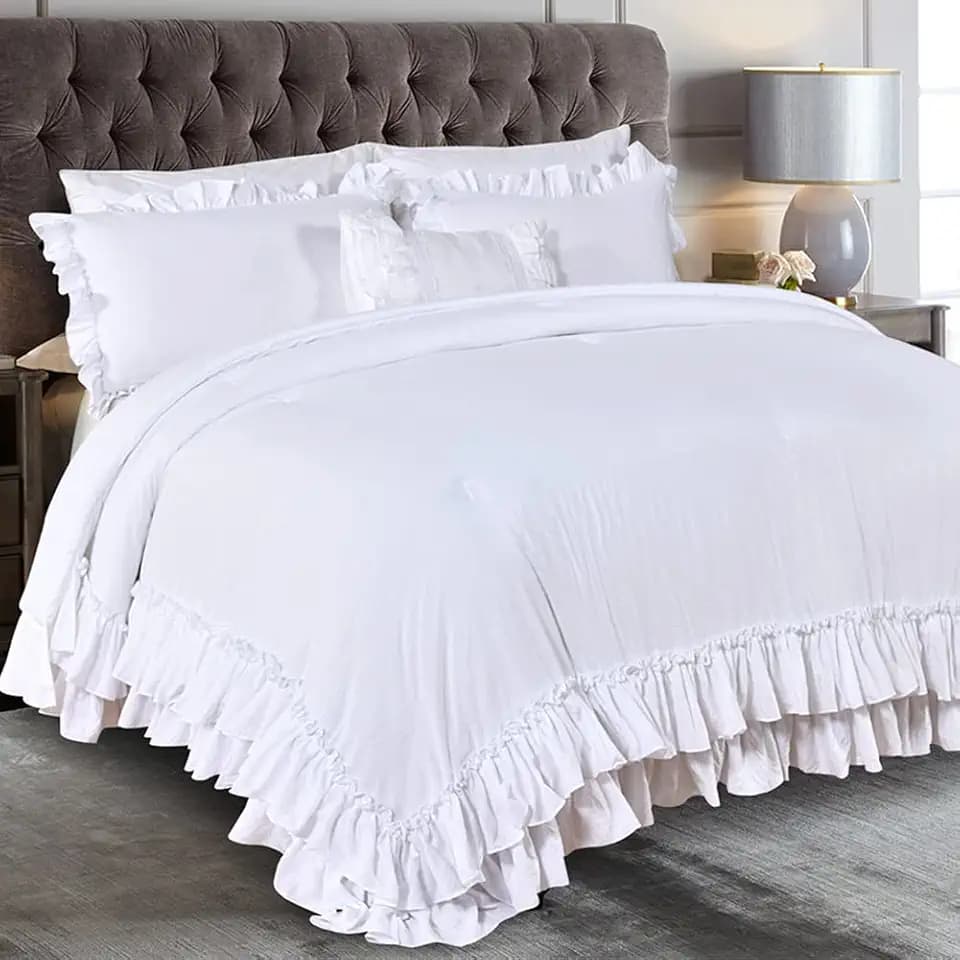 Masaca White Twin Comforter with Ruffles,Shabby Boho Chic Ruffle Comforter Set Farmhouse Twin Bedding Sets,3pcs Vintage Aesthetic Kids Bedding Sets for Girls