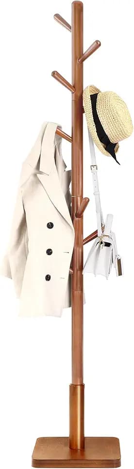 VASAGLE Solid Wood Coat Rack, Free Standing, 8 Hooks, 3 Height Options