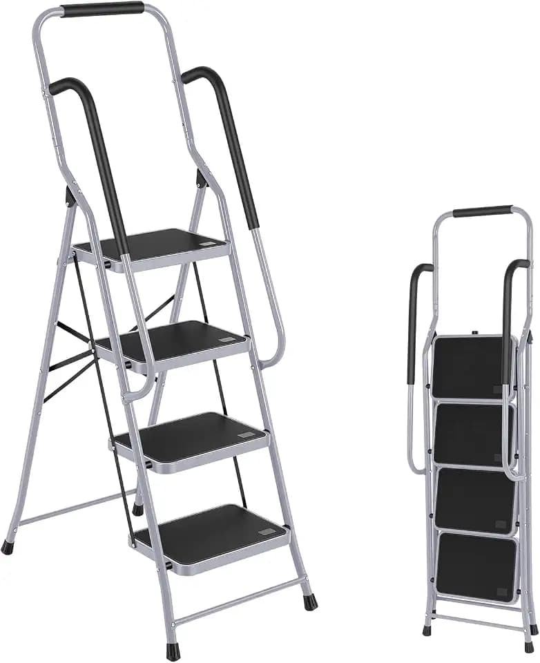 Step Ladder 4 Step Folding with Handrails, Folding Step Stool with Wide Anti-Slip Pedal, Sturdy Steel Portable Ladder, Lightweight Step Stool Foldable for Library Home Garage Office, Gray