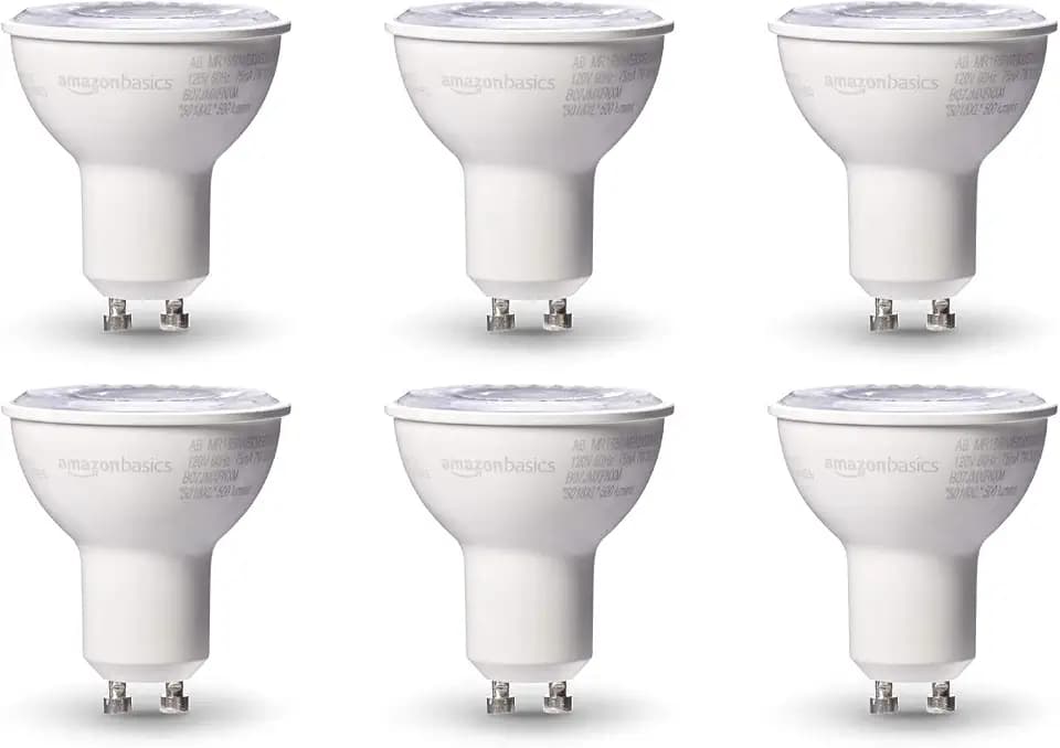 Amazon Basics MR16 LED Light Bulb, 50W Equivalent, 7W, GU10 Base, Warm White 3000K, Dimmable, 10,000 Hour Lifetime, 6-Pack