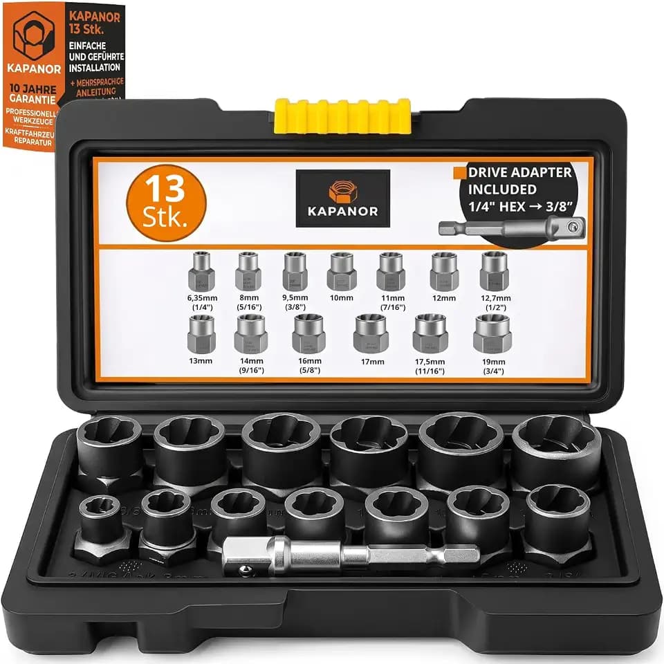 Linksausdreher Set 13 Steckschlüssel Geschlitzt 6,35-19mm + HEX-Adapter - Felgenschloss Knacker Schraubenausdreher Stehbolzenausdreher Spiralnuss Radmutter Entferner Beschädigt CR-MO Stahl ✯KAPANOR✯
