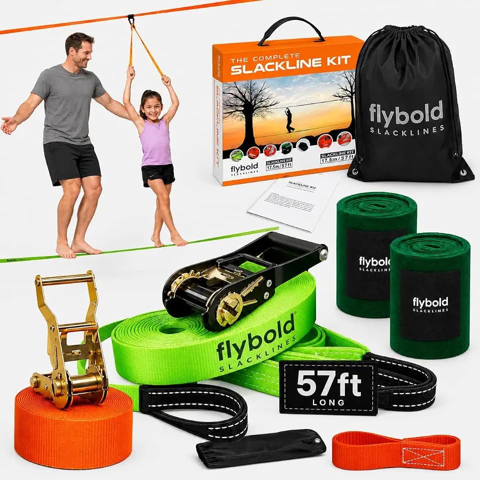 flybold Slackline Kit for Kids and Adults - 57 ft Balance Rope with Training Line, Tree Protectors, Arm Trainer, Ratchet Cover, and Carry Bag - Ideal for Tightrope Walking and Slackline Zipline