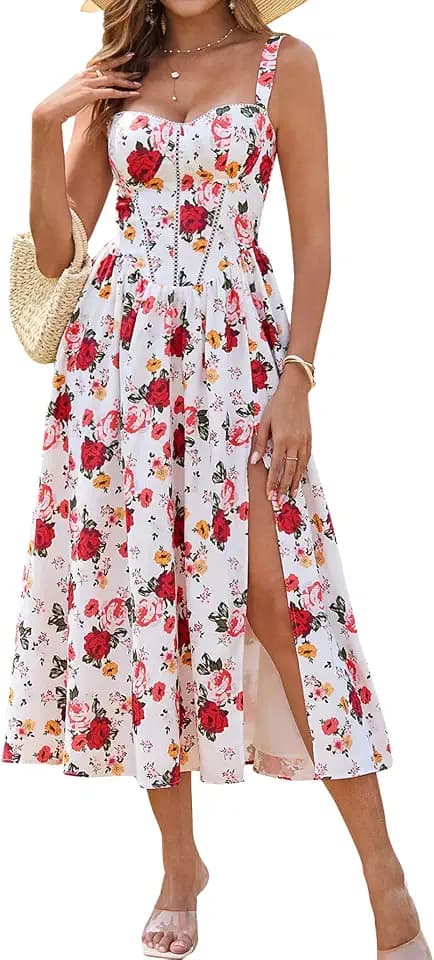 KUTUMAI Summer Floral Corset Midi Wedding Guest Dresses for Women