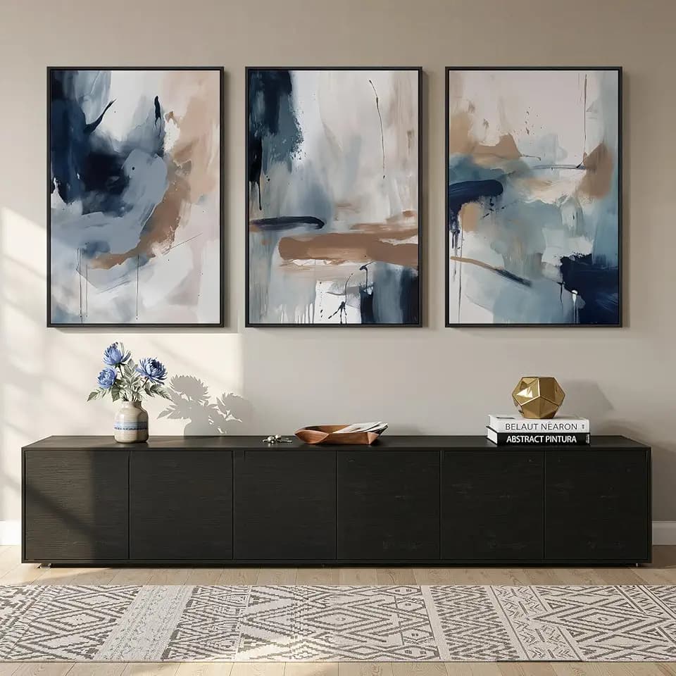 Large Framed Blue Neutral Abstract Wall Art for Living Room, 3 Piece 24x36