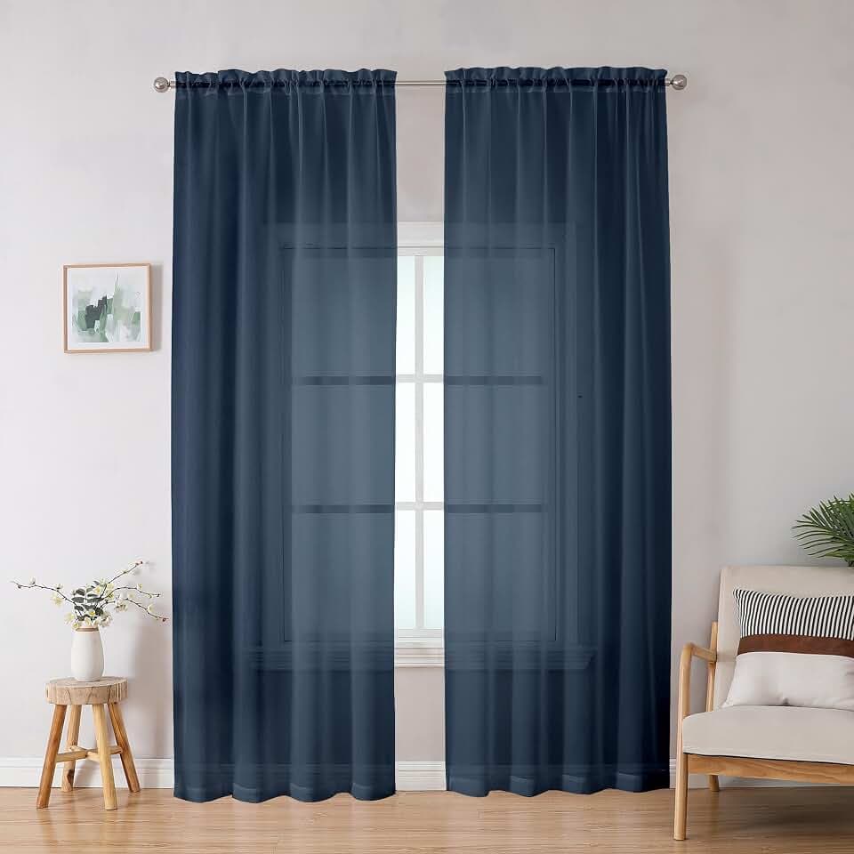 OWENIE Blue Sheer Curtains, Sheer Curtains 78 inches Long 2 Panels Set, Rod Pocket Voile Fimly Sheer Drapes for Living Room/Bedroom, 2pcs, Each 42" W x 78" L, Navy Blue
