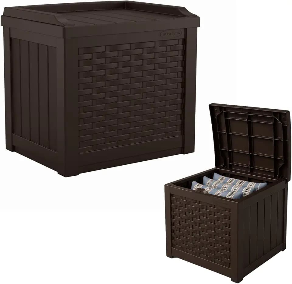 Suncast Outdoor Deck Box - 22 Gallon Java Resin Outdoor Storage Box, Weatherproof Patio Storage Bin Container for Seating & Organizing Cushions, Tools & Towels for Pool, Yard, & Garden