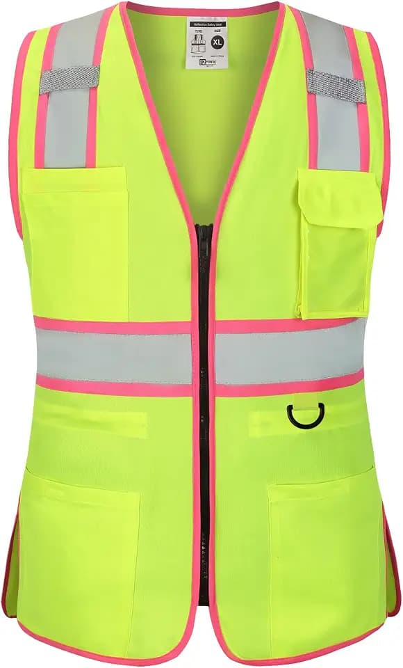FATONE Women's ANSI Class 2 High-Vis Safety Vest with Reflective Strips, Zipper Pockets & Adjustable Waist - Yellow/Pink Construction Work Vest for Warehouse Personnel, Road Crews L