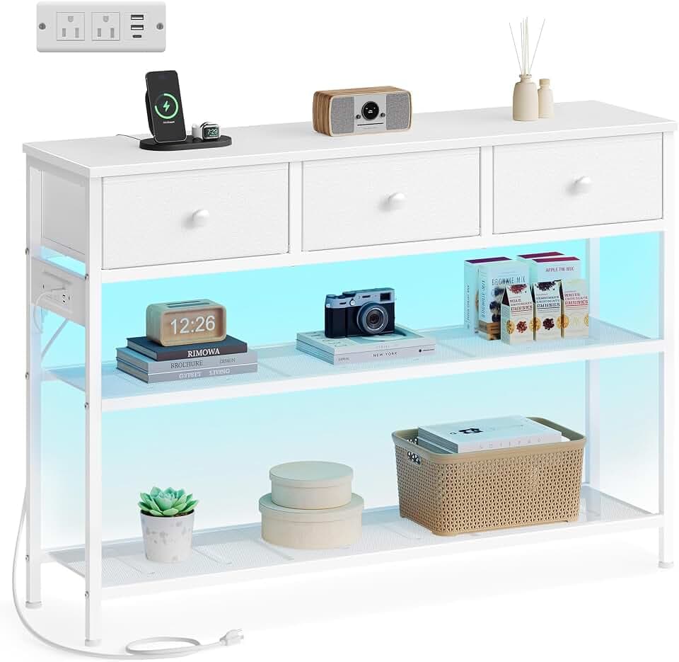 SONGMICS Console Table with Power Outlets and LED Lights, 3 Fabric Drawers