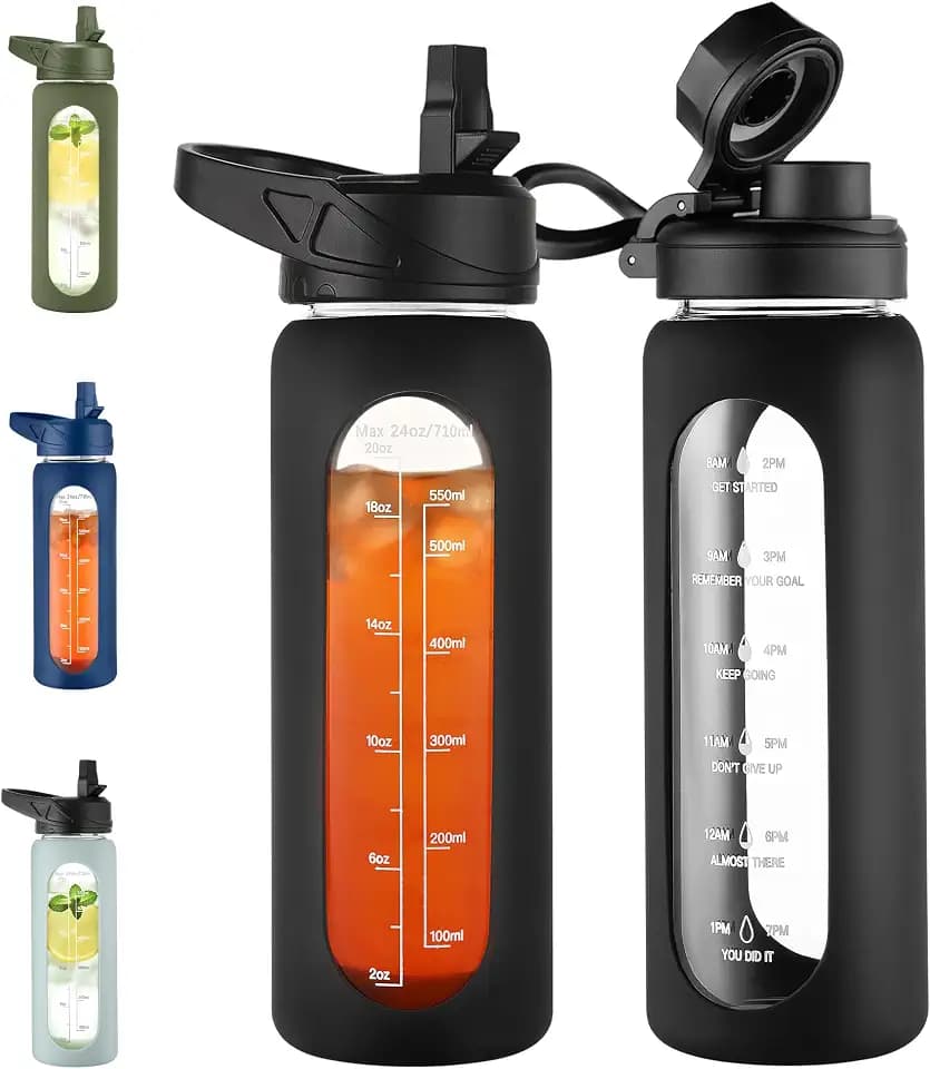 CIVAGO 24 oz Glass Water Bottle with Straw, Large Motivational Water Jug