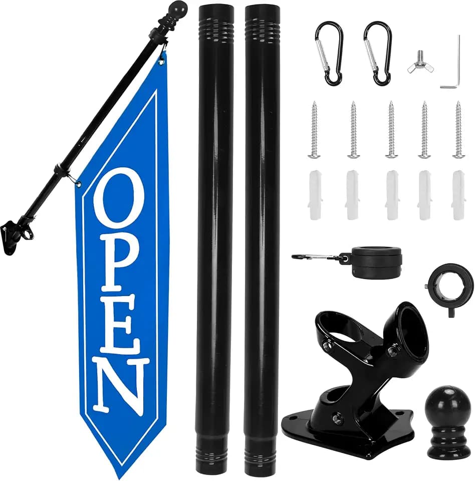 OPEN Flag with Pole Kit - Heavy Duty Canvas Open Banner for Business Storefront, 42x12 Inch Outdoor Double-Sided Sign with Bracket - Advertising Signage for Retail & Shops (Blue)