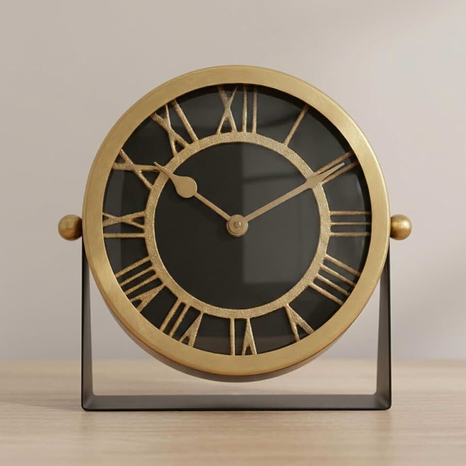 Metal Table Clock for Living Room Decor - Desk Clock for Office Desk, Study Room, Living Room, Mantel or Table Styling - Small Home Decor for Shelf or Tabletop Display - 7", Gold & Black