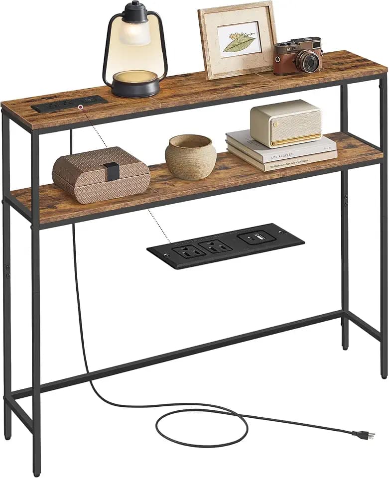 VASAGLE 39.4" Console Table with Power Outlet, 2-Tier Narrow Entry Table