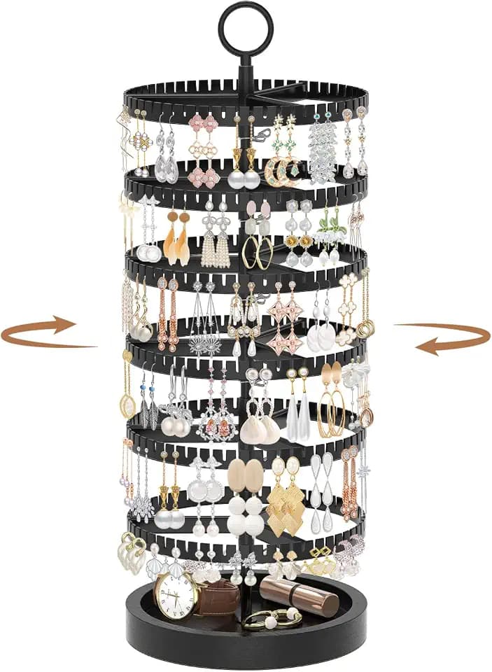 iDavosic.ly 6 Tier Rotating Earring Holder Organizer, Wood Tray, Black