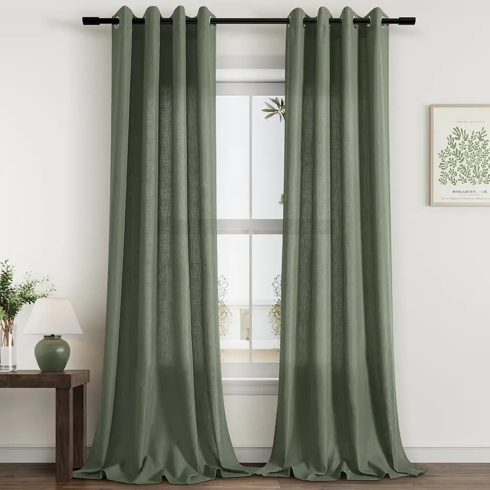 Aersas Linen Curtains 84 Inches Long for Living Room Grommet Olive Green