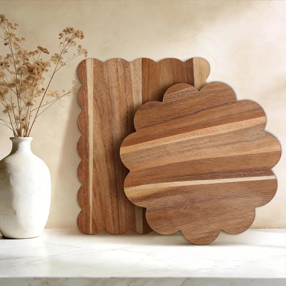 Acacia Wood Scalloped Cutting Boards Set, Decorative Wooden Charcuterie Boards with Handle for Cheese Pizza Meat Fruit Bread Baking, Cottagecore Farmhouse Kitchen Serving Trays Decor